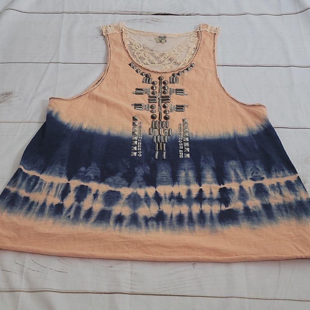 Womens Gimmicks by BKE size Medium Tie Dye Lace Back Nany and Orange Tank Top